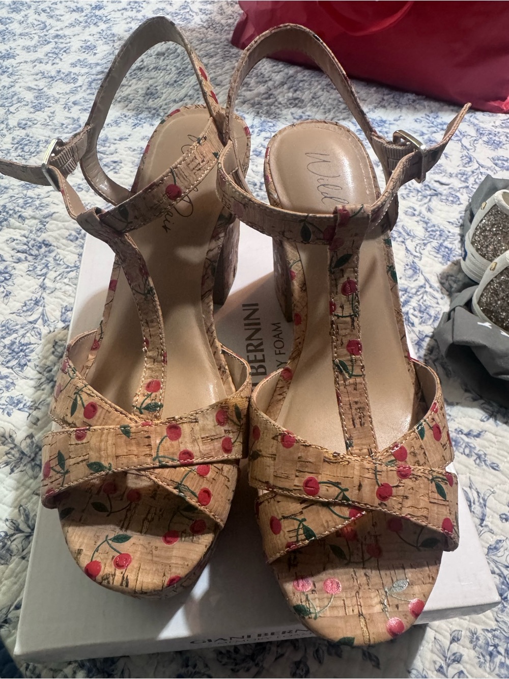 Wild Pair Cork Cherry T-Strap Platform Sandals in Tan and Red